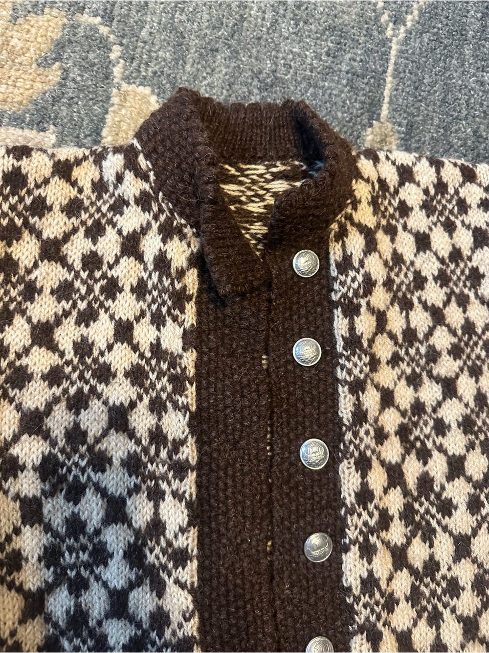 Women's Black and Cream Patterned Knit Cardigan Sweater